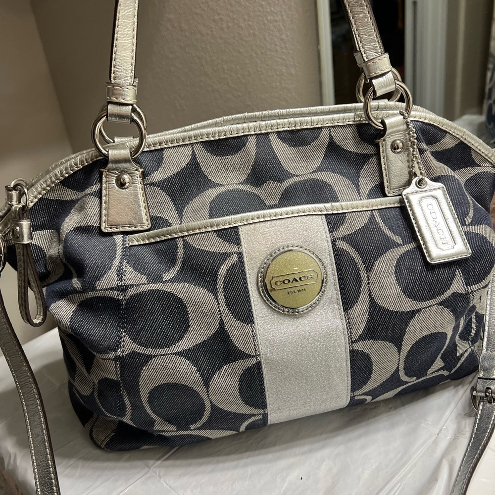 Coach Denim and Silver Shoulder Bag with Metallic Accents